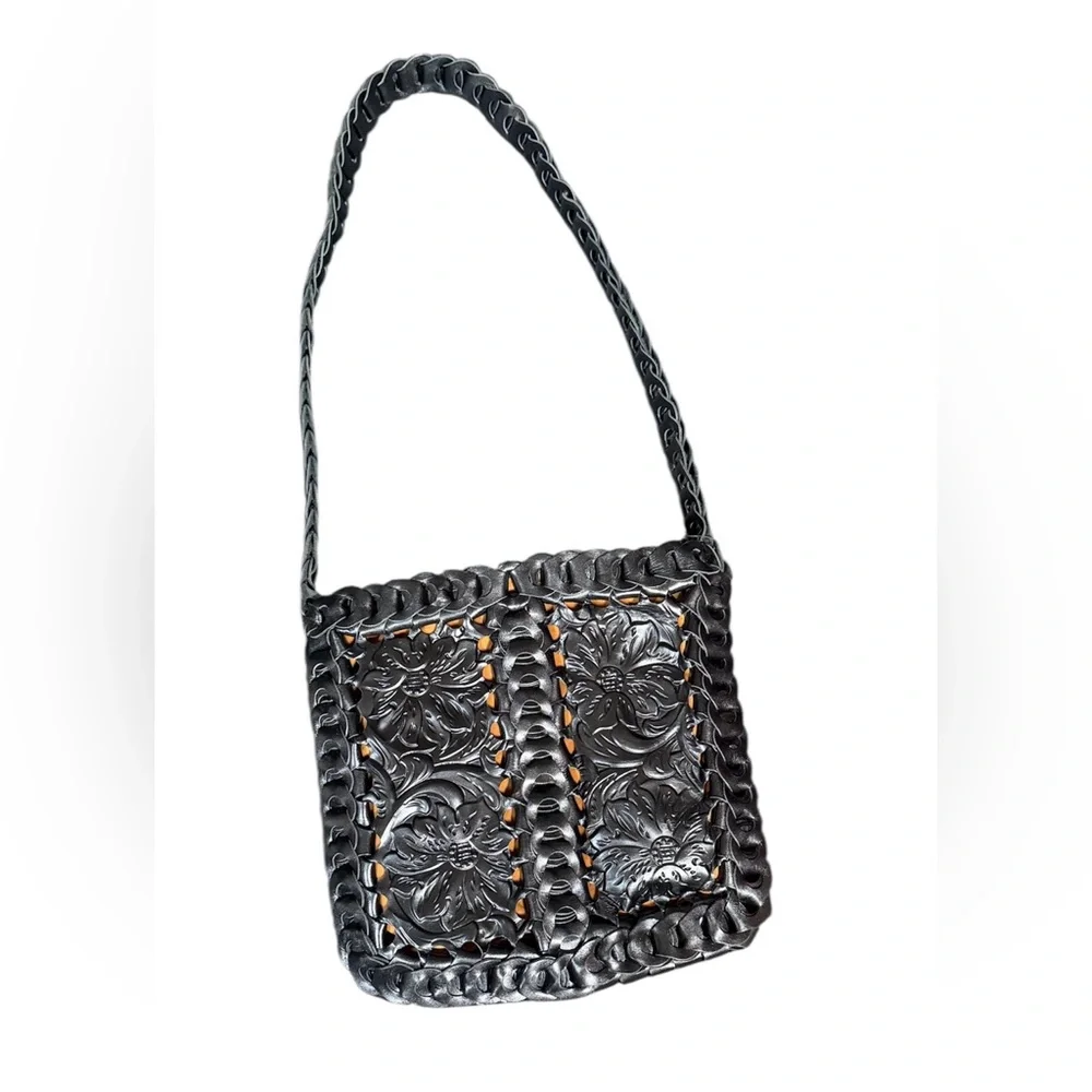 Patricia Nash Vaticci Tooled Leather Crossbody Bag Black Woven Chain Strap